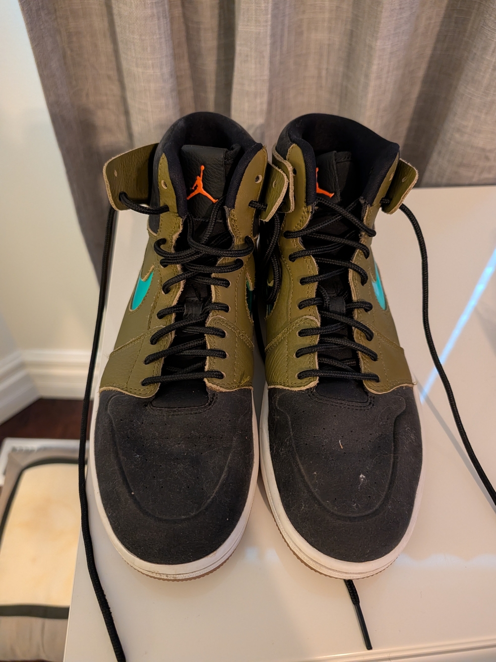 Jordan High-Top Sneakers in Olive, Black and Teal Accent